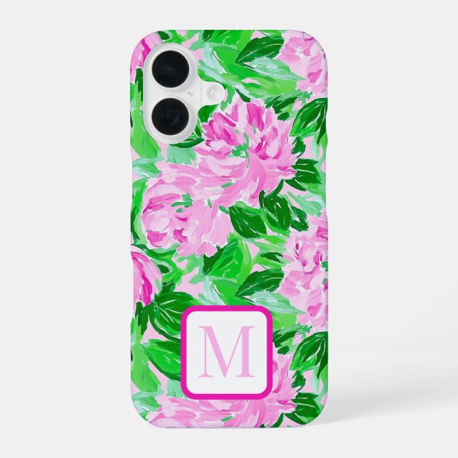 Pink Peonies Flowers Pattern Monogram iPhone 16 Case (Back)