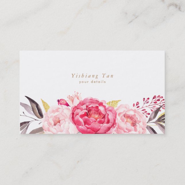 Pink Peonies Flowers Watercolor Business Card (Back)