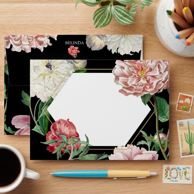 Pink Peonies Flowers Wedding 5x7 Black Envelope (Desk)
