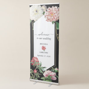 Pink Peonies Flowers Wedding Welcome Black Retractable Banner