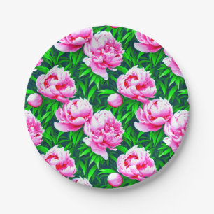 Pink Peonies Garden Print Paper Plate