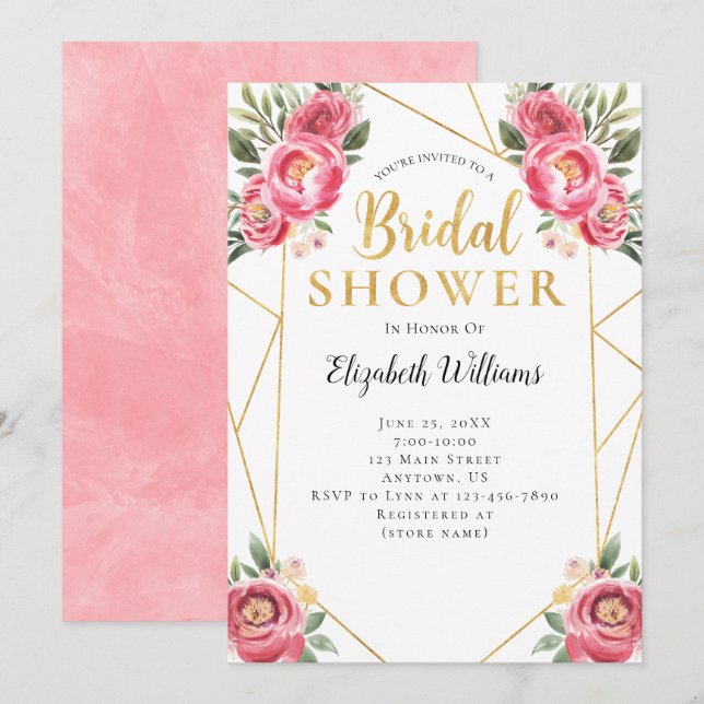 Pink Peonies Geometric Frame Bridal Shower Invitation (Front/Back)