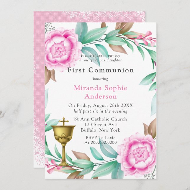 Pink Peonies Gold Chalice First Communion  Invitation (Front/Back)