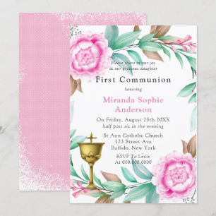 Pink Peonies Gold Chalice First Communion  Invitation