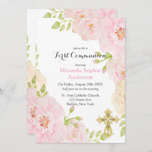 Pink Peonies Gold Cross First Communion  Invitation