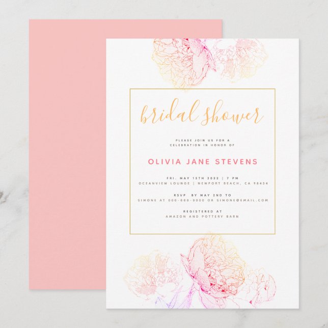 Pink Peonies Gold Elegant Modern Bridal Shower Invitation (Front/Back)