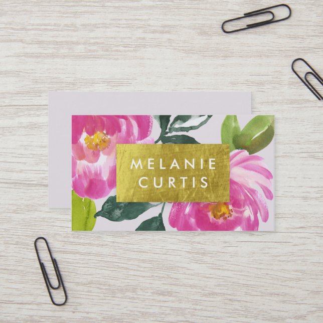 Pink Peonies Gold Faux Foil Business Card (Front/Back In Situ)