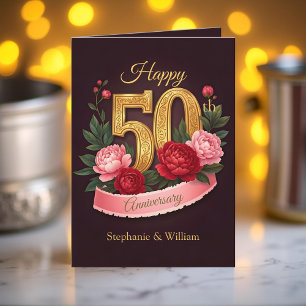 Pink Peonies Gold Number 50th Wedding Anniversary Card