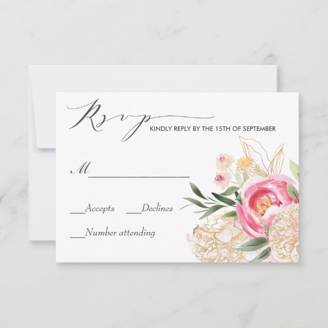 Pink Peonies Gold Watercolor wedding Rsvp (Front)