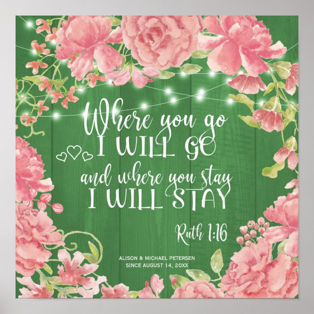 Pink peonies green typography quote wedding sign (Front)