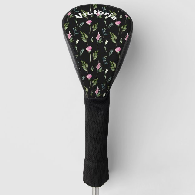 Pink Peonies Greenery Black Chic Pretty  Name Golf Head Cover (Front)