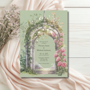Pink Peonies Greenery Sage Arch Wedding Invitation