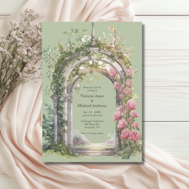 Pink Peonies Greenery Sage Arch Wedding Invitation (Creator Uploaded)