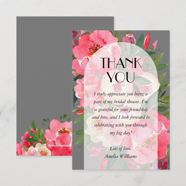 Pink Peonies Grey Bridal Shower  Thank You Card (Front/Back)