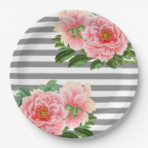 Pink peonies grey lines paper plate