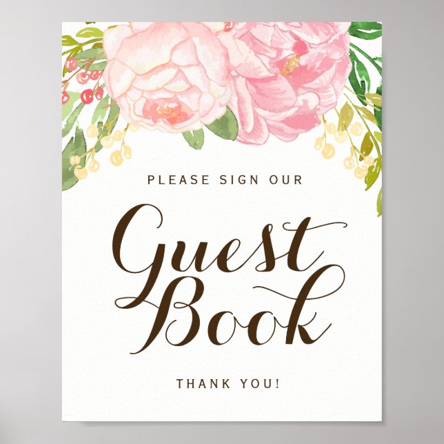 Pink Peonies Guest Book Sign (8x10) (Front)