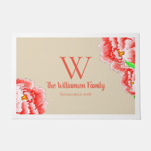 Pink Peonies Illustration & Family Name Doormat