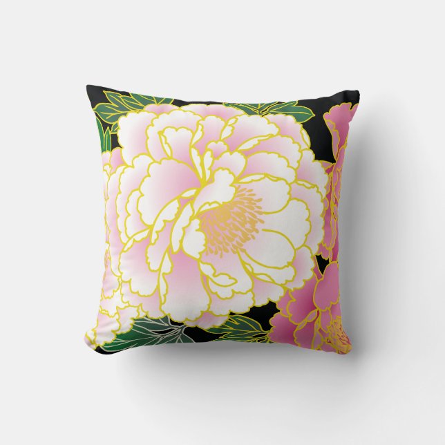 Pink Peonies Japanese Floral Kimono Cushion (Front)