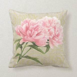 Pink peonies & lace floral vintage pillow