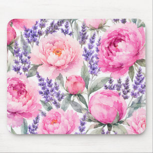 Pink Peonies & Lavender Watercolor Floral Pattern Mouse Mat