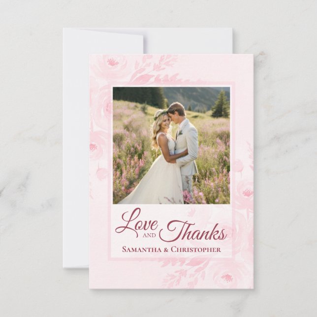 Pink Peonies Love & Thanks Photo & Note Wedding Thank You Card (Front)