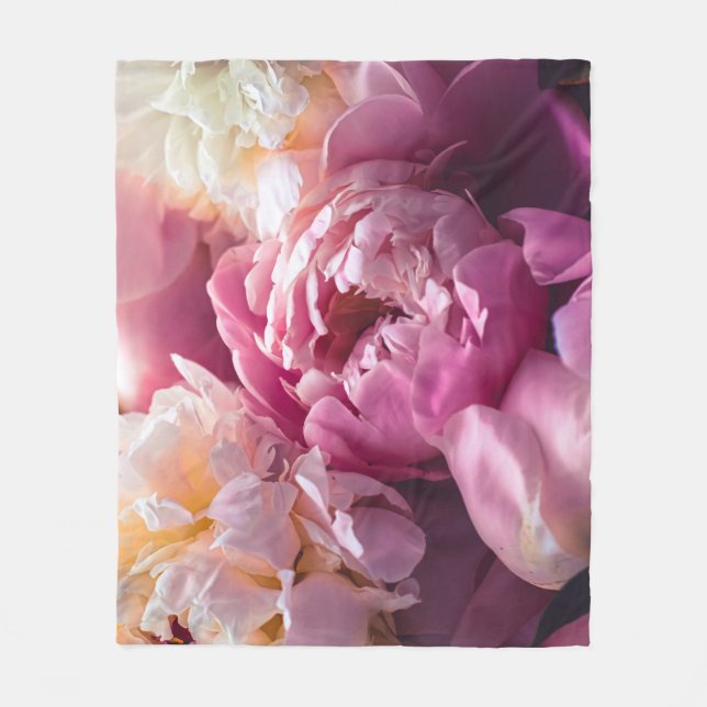 Pink Peonies: Luxurious Floral Art. Fleece Blanket (Front)
