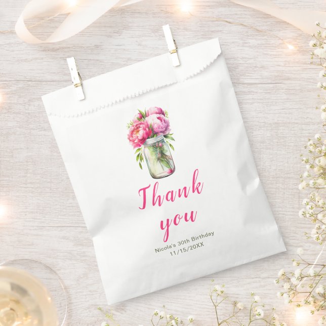 Pink Peonies Mason Jar Birthday Favour Bags (Clipped)