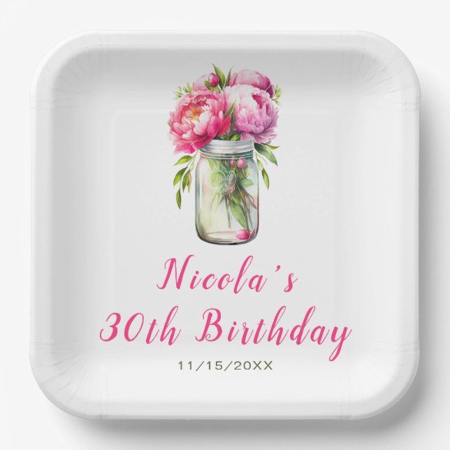 Pink Peonies Mason Jar Birthday Paper Plate (Front)