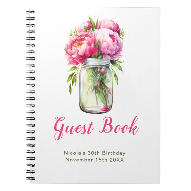 Pink Peonies Mason Jar Birthday Party Guest Book (Front)