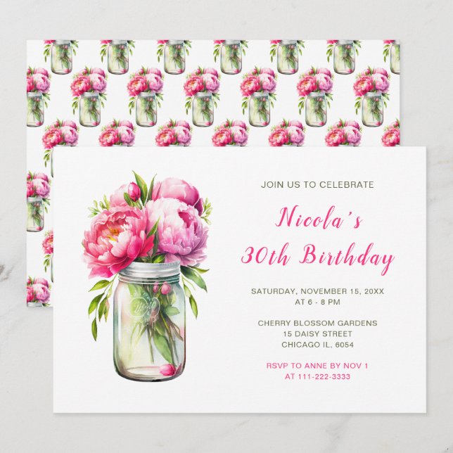 Pink Peonies Mason Jar Birthday Party Invitation (Front/Back)