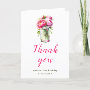 Pink Peonies Mason Jar Birthday Thank You Card
