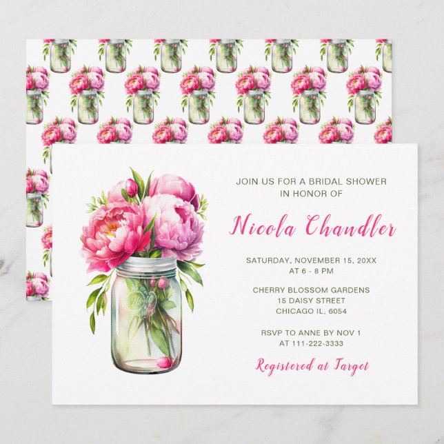 Pink Peonies Mason Jar Bridal Shower Invitation (Front/Back)