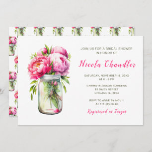 Pink Peonies Mason Jar Bridal Shower Invitation