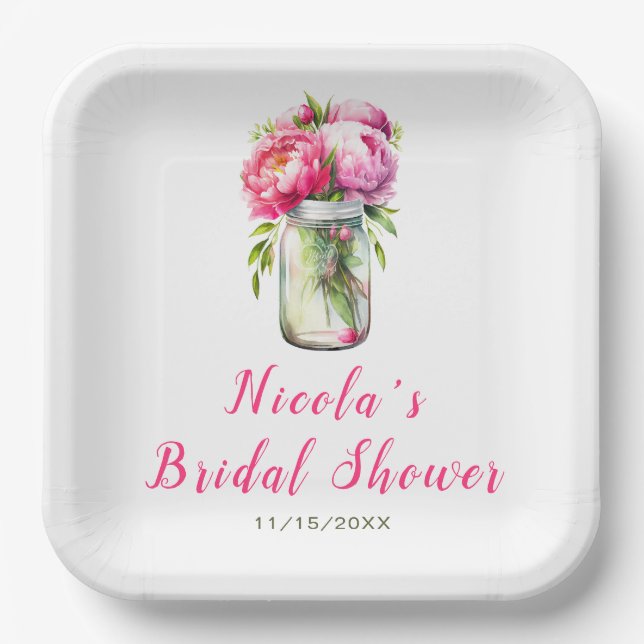 Pink Peonies Mason Jar Bridal Shower Paper Plate (Front)