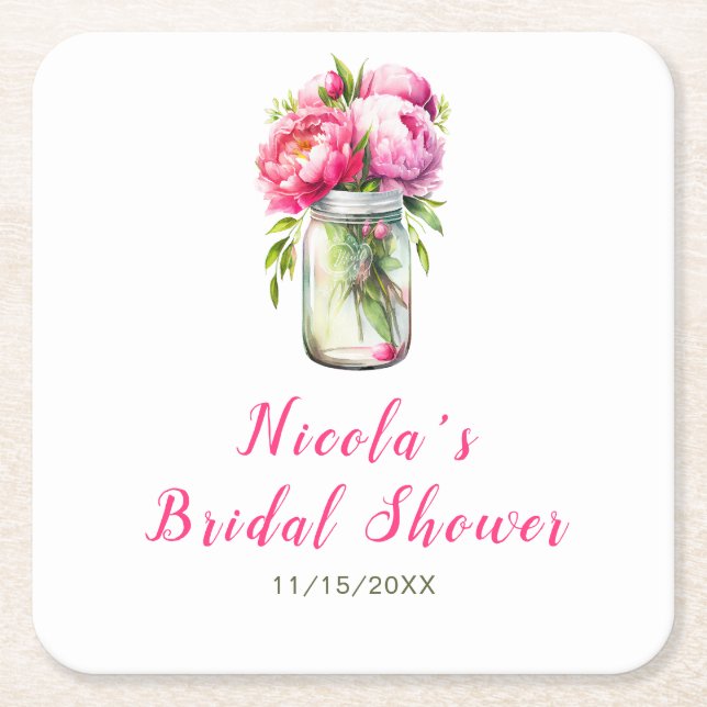 Pink Peonies Mason Jar Bridal Shower Square Paper Coaster (Front)
