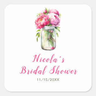 Pink Peonies Mason Jar Bridal Shower Square Sticker
