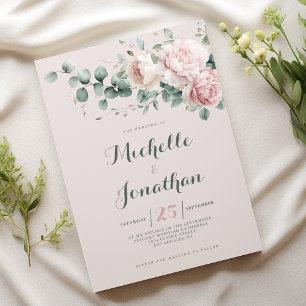Pink peonies mint green eucalyptus foliage Wedding Invitation