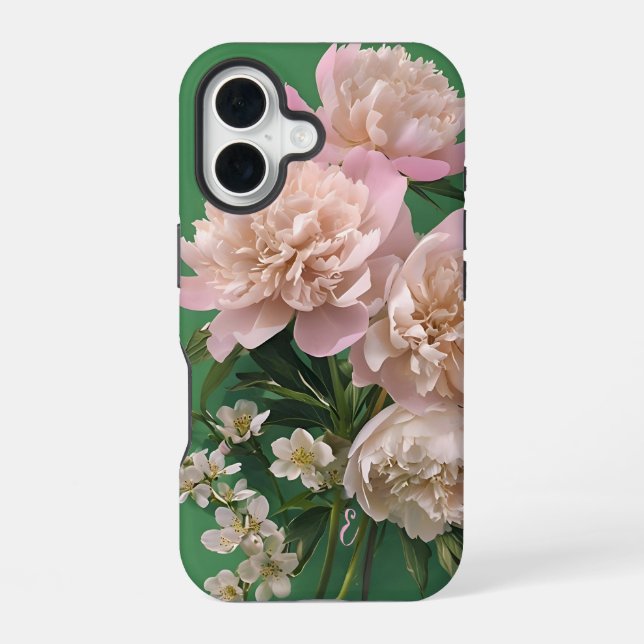 Pink Peonies Monogram Name Personalised iPhone 16 Case (Back)