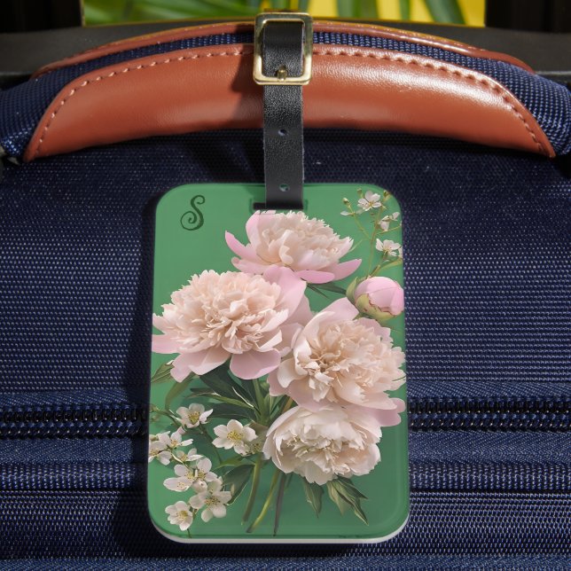 Pink Peonies Monogram Name Personalised Luggage Tag (Front Insitu 2)