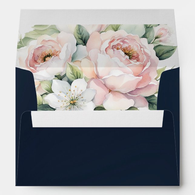 Pink Peonies Navy Background Wedding Envelope (Back (Bottom))