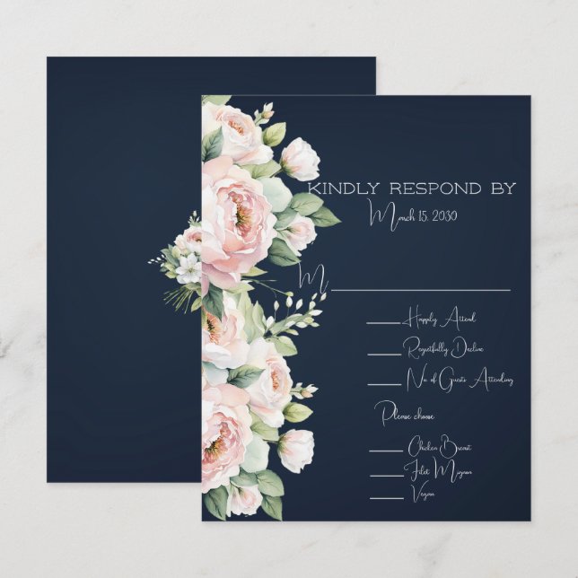 Pink Peonies Navy Background Wedding  RSVP Card (Front/Back)
