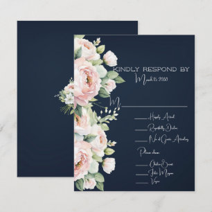 Pink Peonies Navy Background Wedding  RSVP Card