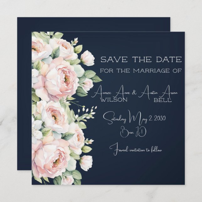 Pink Peonies Navy Background Wedding Save The Date (Front/Back)