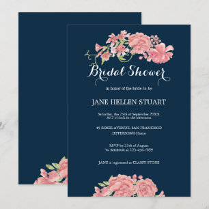 Pink peonies navy blue floral bridal shower invitation
