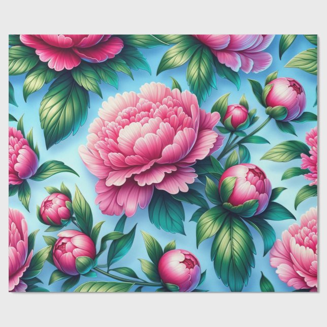 Pink Peonies on a Blue Background Wrapping Paper (Flat)