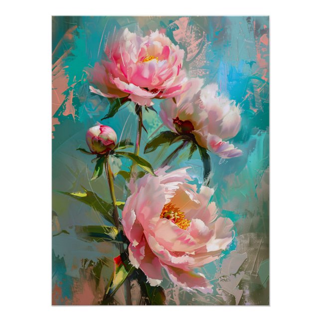 Pink Peonies on Blue Paint Poster (Front)