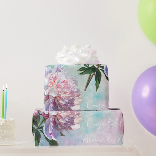 Pink Peonies On Blue/Pink Wedding/Shower Wrapping Paper (Party Gifts)