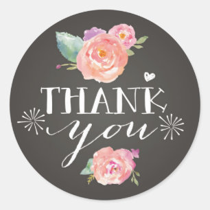Pink Peonies on Chalkboard Thank You Stickers