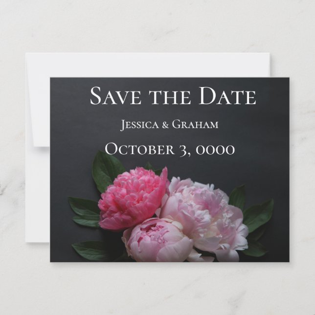 Pink peonies on dark background save the date (Front)