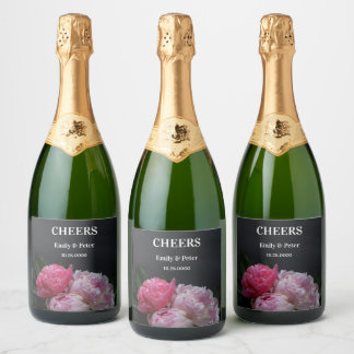Pink peonies on dark background sparkling wine label